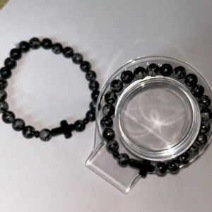His/hers Snowflake Obsidian Cross Bracelet set – Protection, Balance & Strength